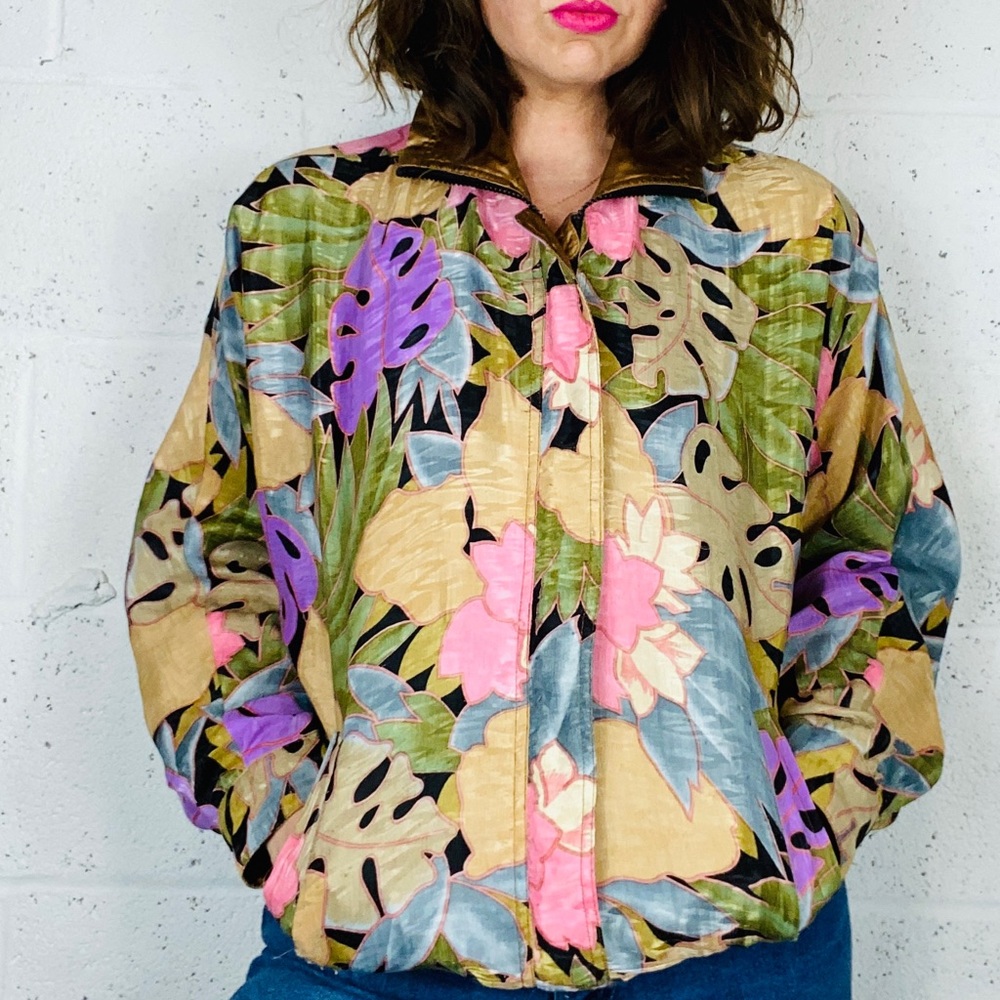 Reversible spring floral gold bomber jacket